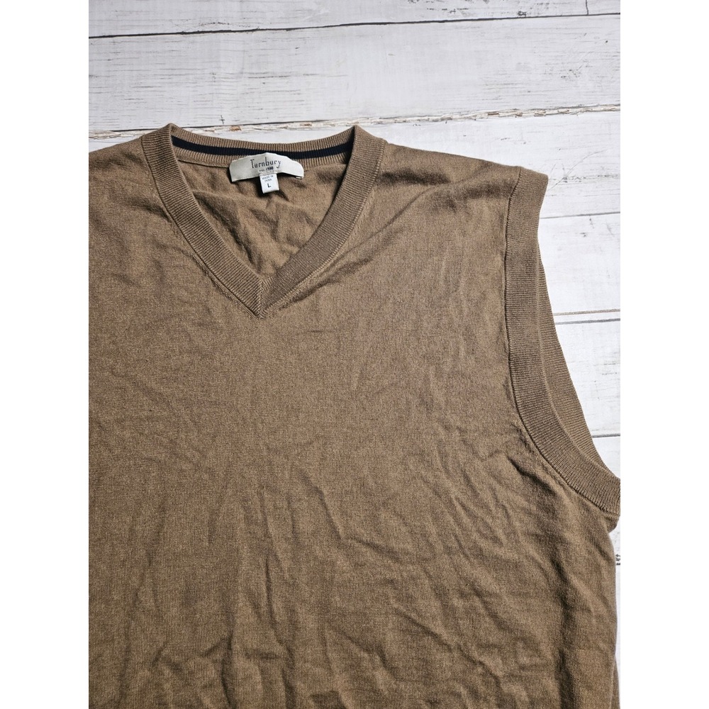 Turnbury Mens Silk Cotton Cashmere V-Neck Sweater Vest Tan Brown Large L